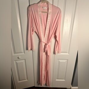 Eileen West Long Robe Women L/XL Pink Embroidered Belted Pockets Cottage Cotton